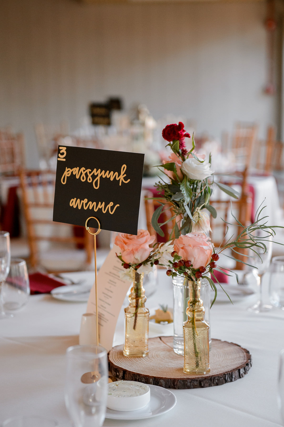 Centrepiece Flowers Log Slice Bottles Table Name John James Audubon Center Wedding Kerry McIntyre Photography