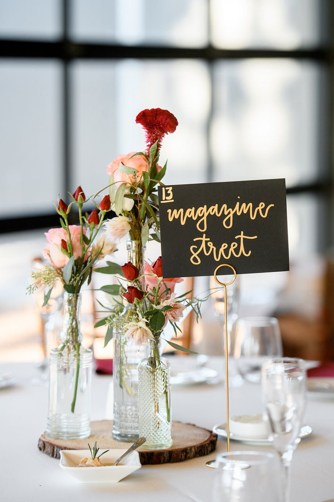 Centrepiece Flowers Log Slice Bottles Table Name John James Audubon Center Wedding Kerry McIntyre Photography
