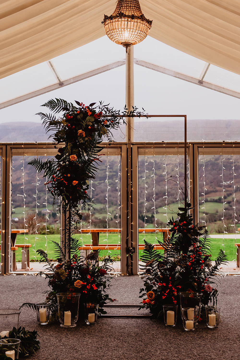 Marquee Ceremony Aisle Flower Arch Frame Backdrop Kilmore Country House Wedding Crazy Happy Love