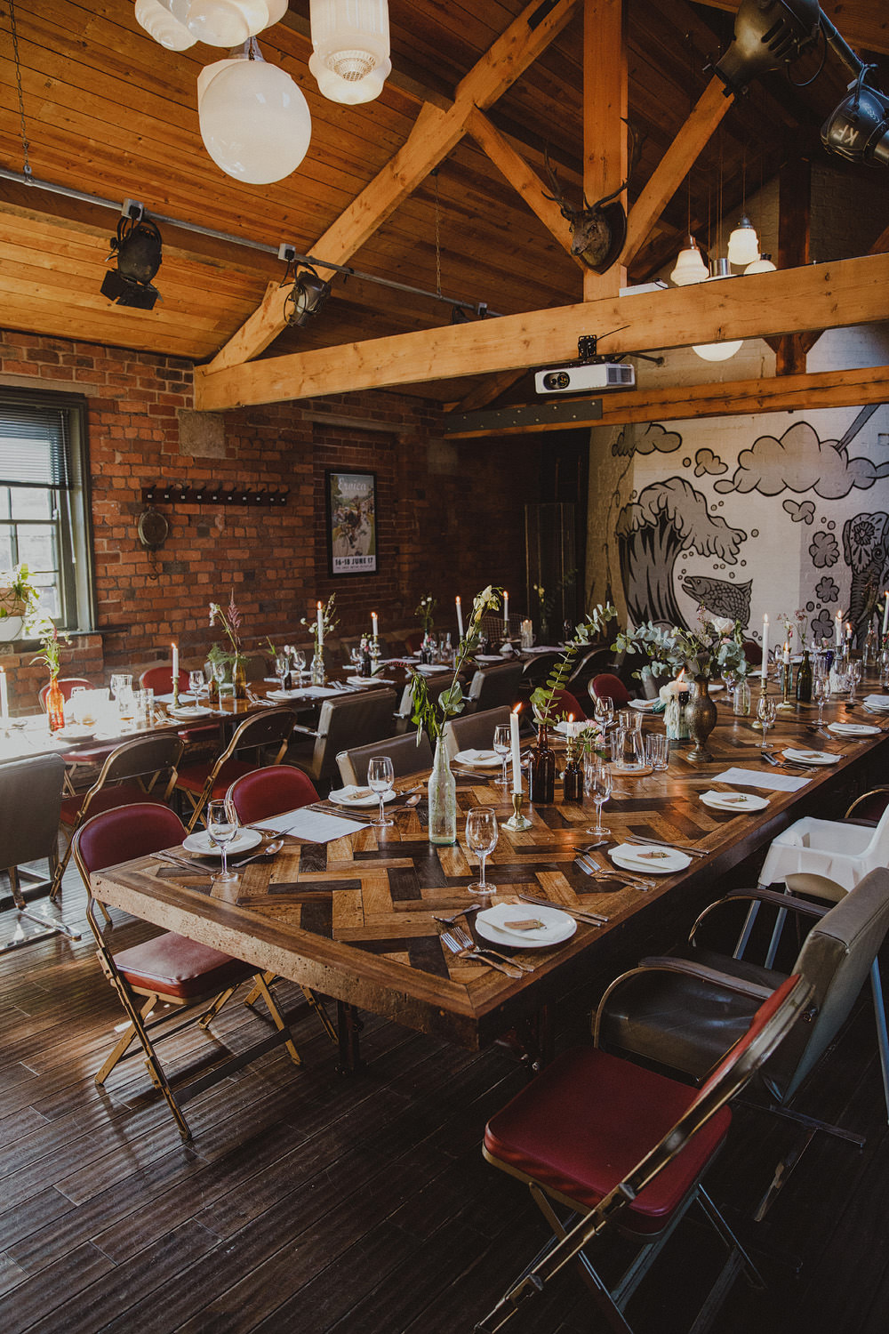 Reception Room Chimney House Barn Chevron Tables Candles Flowers Mowbray Wedding Photography34