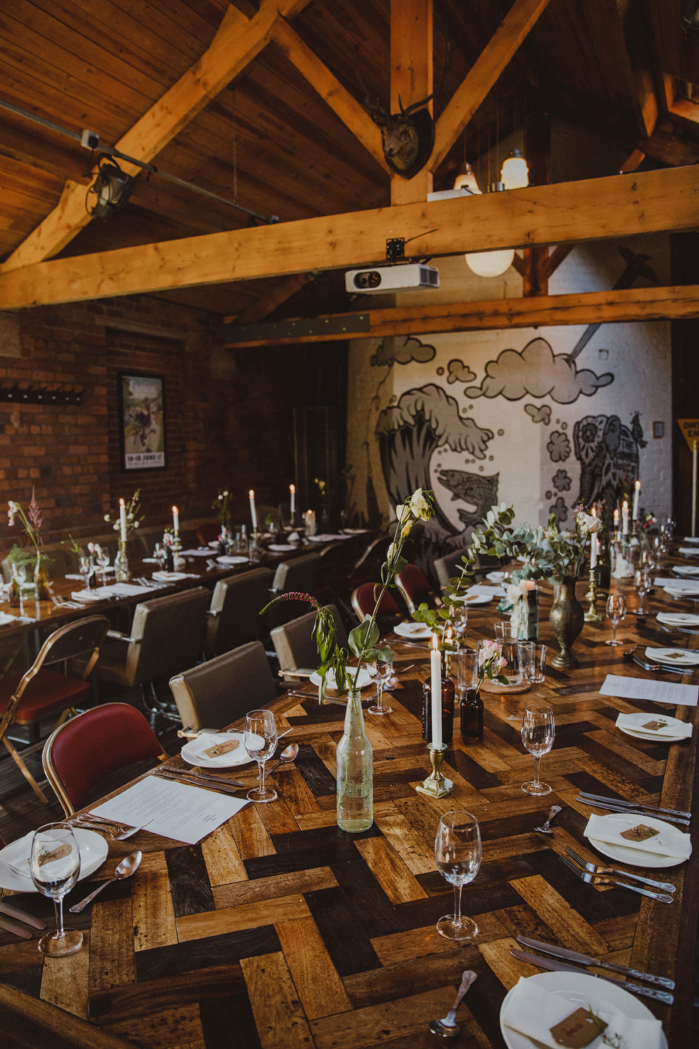 Reception Room Chimney House Barn Chevron Tables Candles Flowers Mowbray Wedding Photography34
