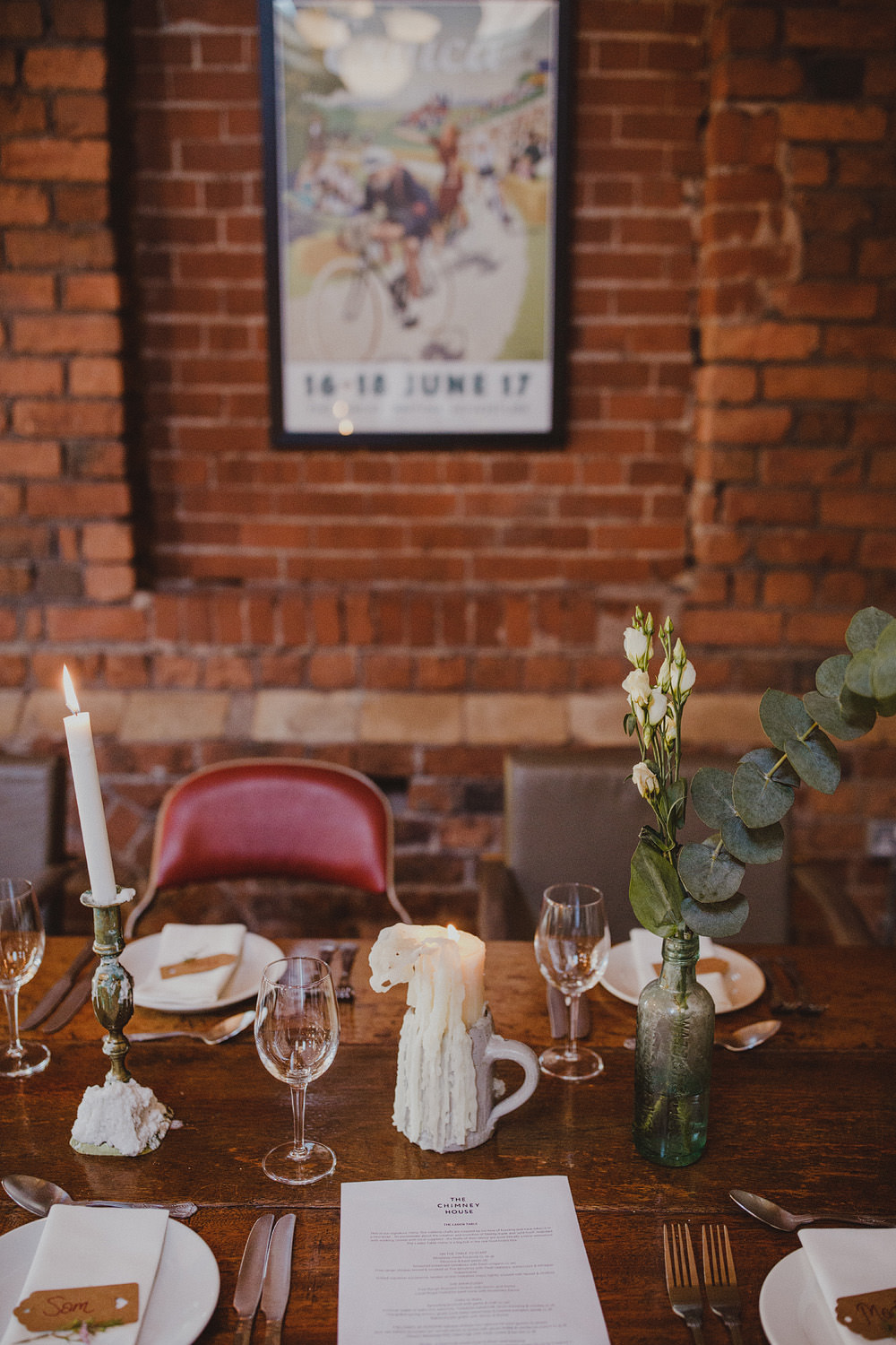 Reception Room Chimney House Barn Chevron Tables Candles Flowers Mowbray Wedding Photography34