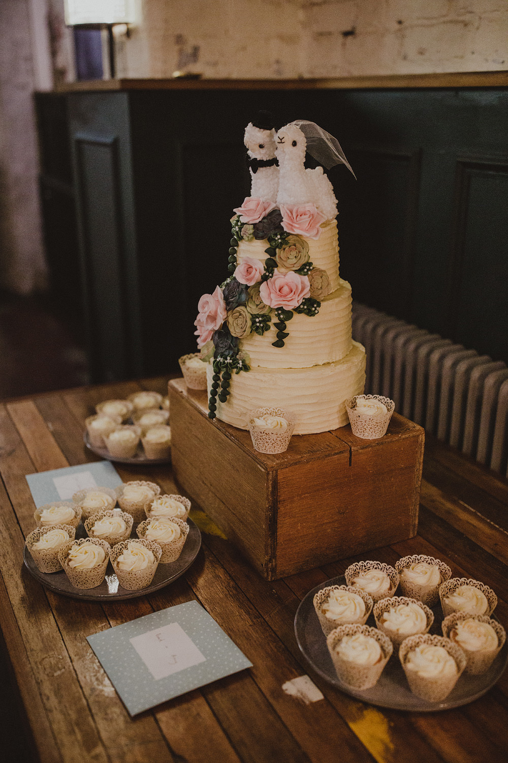 Mowbray Wedding Photography34 Cake Llama Buttercream Flowers Floral Cupcakes Woode Box