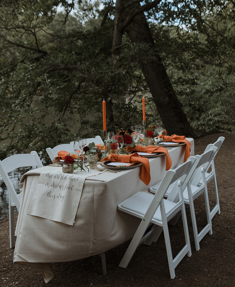 Table Tablescape Decor Candles Orange Napkins Flowers Park Wedding Eloise & Mitch