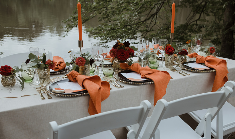 Table Tablescape Decor Candles Orange Napkins Flowers Park Wedding Eloise & Mitch