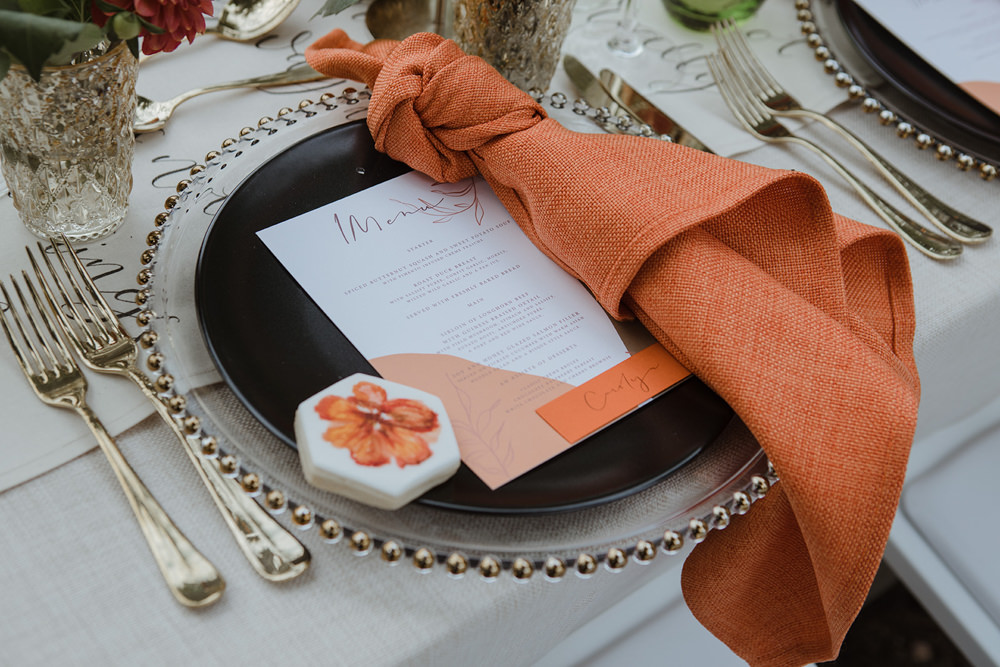 Table Tablescape Decor Candles Orange Napkins Flowers Park Wedding Eloise & Mitch