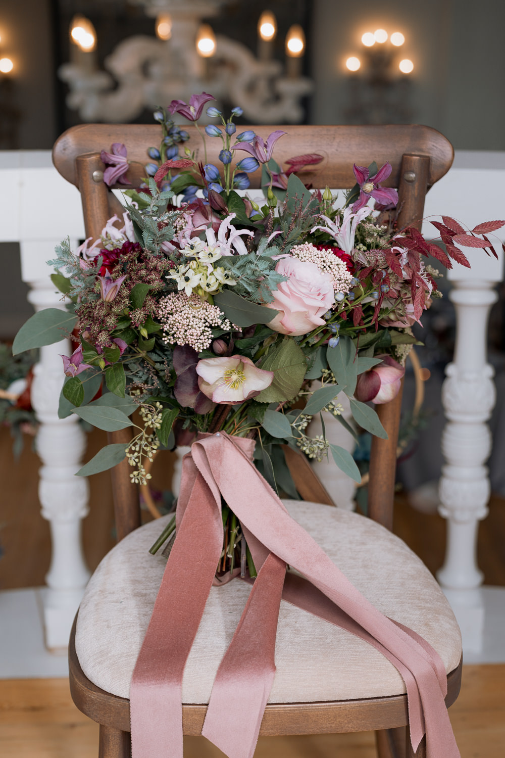 Bouquet Flowers Bride Bridal Pink Rose Ribbon Purple Winter Wedding Steph Kiely Photography