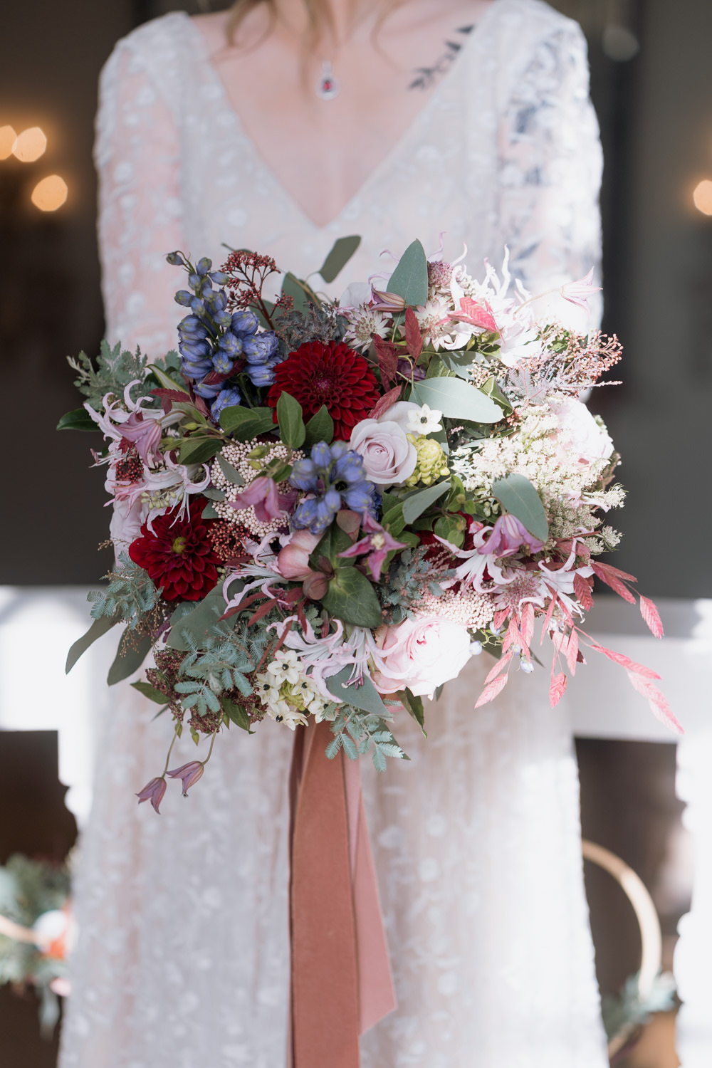 Bouquet Flowers Bride Bridal Pink Rose Ribbon Purple Winter Wedding Steph Kiely Photography