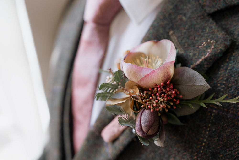 Buttonhole Flowers Groom Purple Winter Wedding Steph Kiely Photography