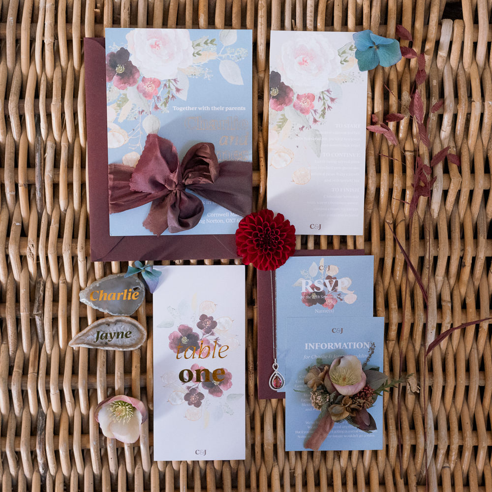 Flower Floral Stationery Invite Invitation Purple Winter Wedding Steph Kiely Photography