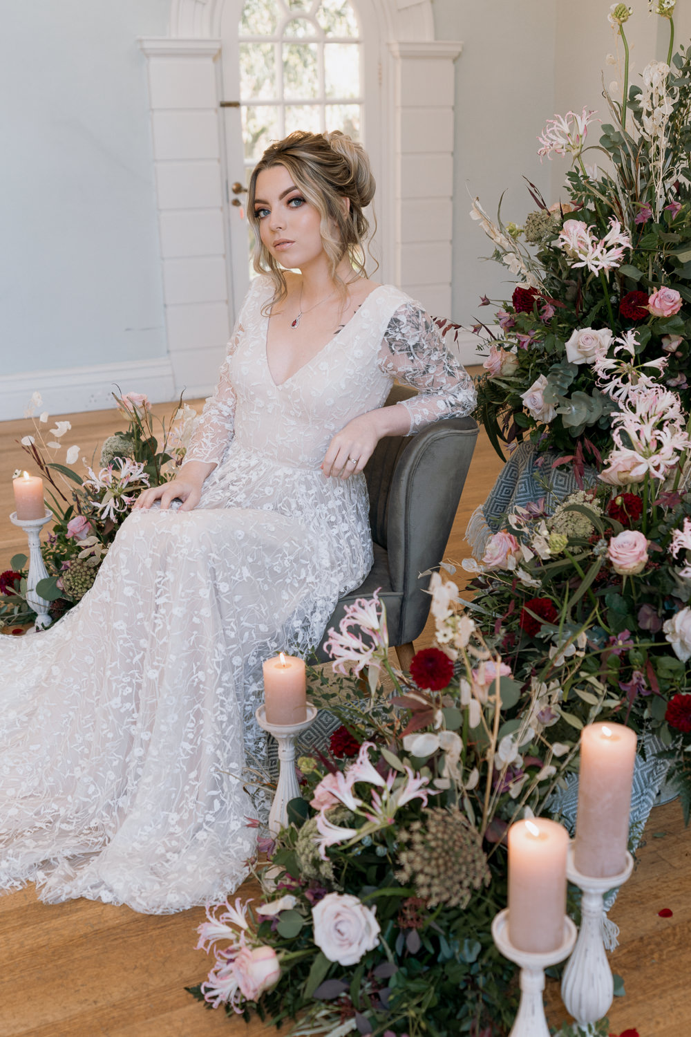 Flowers Flower Installation Chair Candles Purple Winter Wedding Steph Kiely Photography
