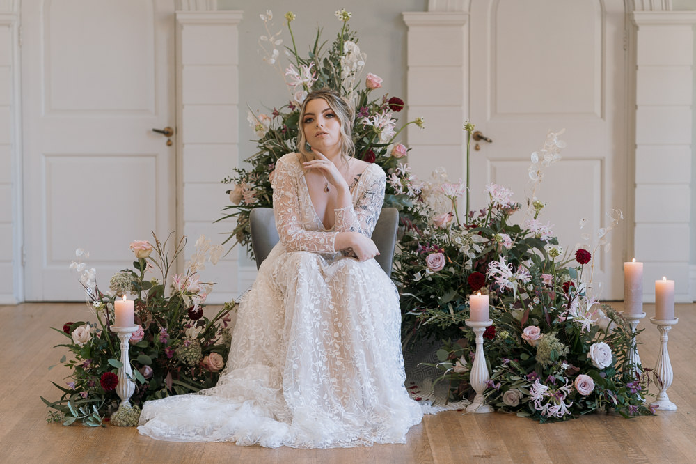 Flowers Flower Installation Chair Candles Purple Winter Wedding Steph Kiely Photography