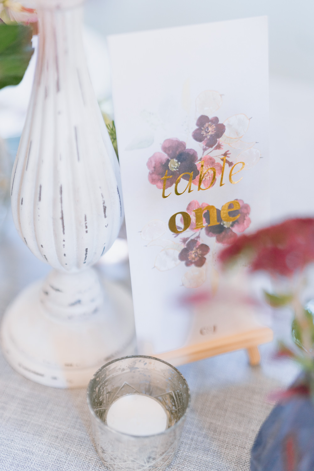 Floral Table Number Purple Winter Wedding Steph Kiely Photography