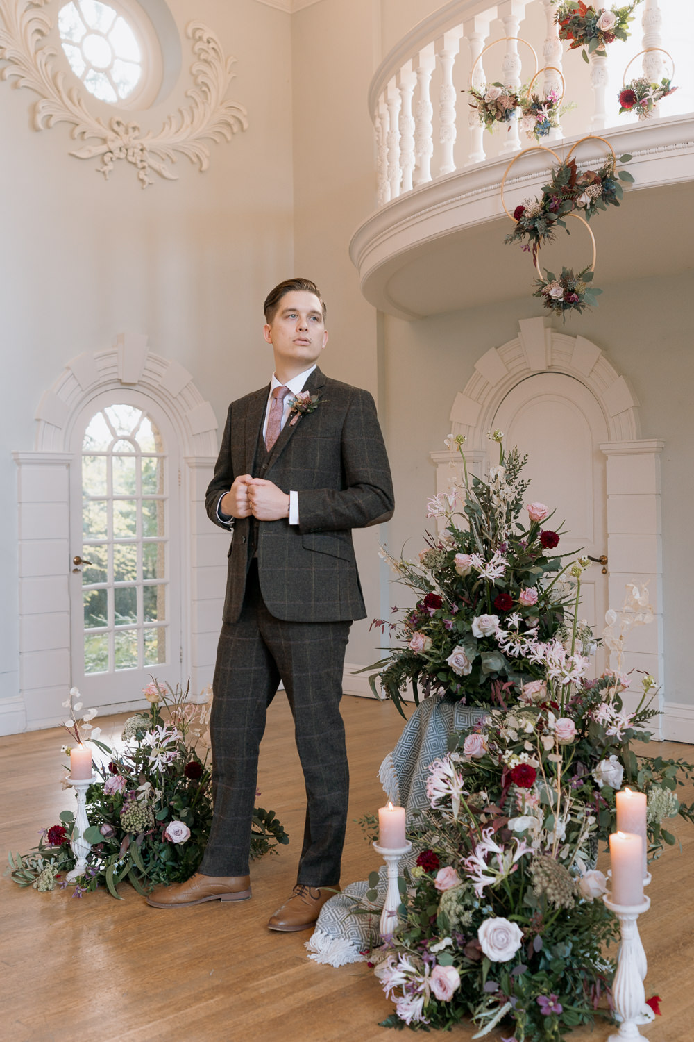 Groom Suit Check Pink Tie Purple Winter Wedding Steph Kiely Photography