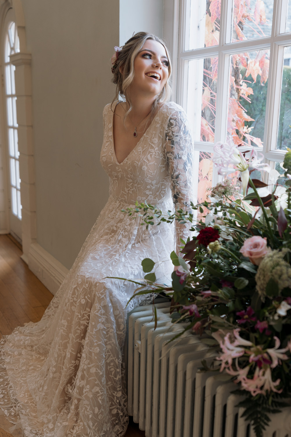 Dress Gown Bride Bridal Lace Long Sleeve Purple Winter Wedding Steph Kiely Photography