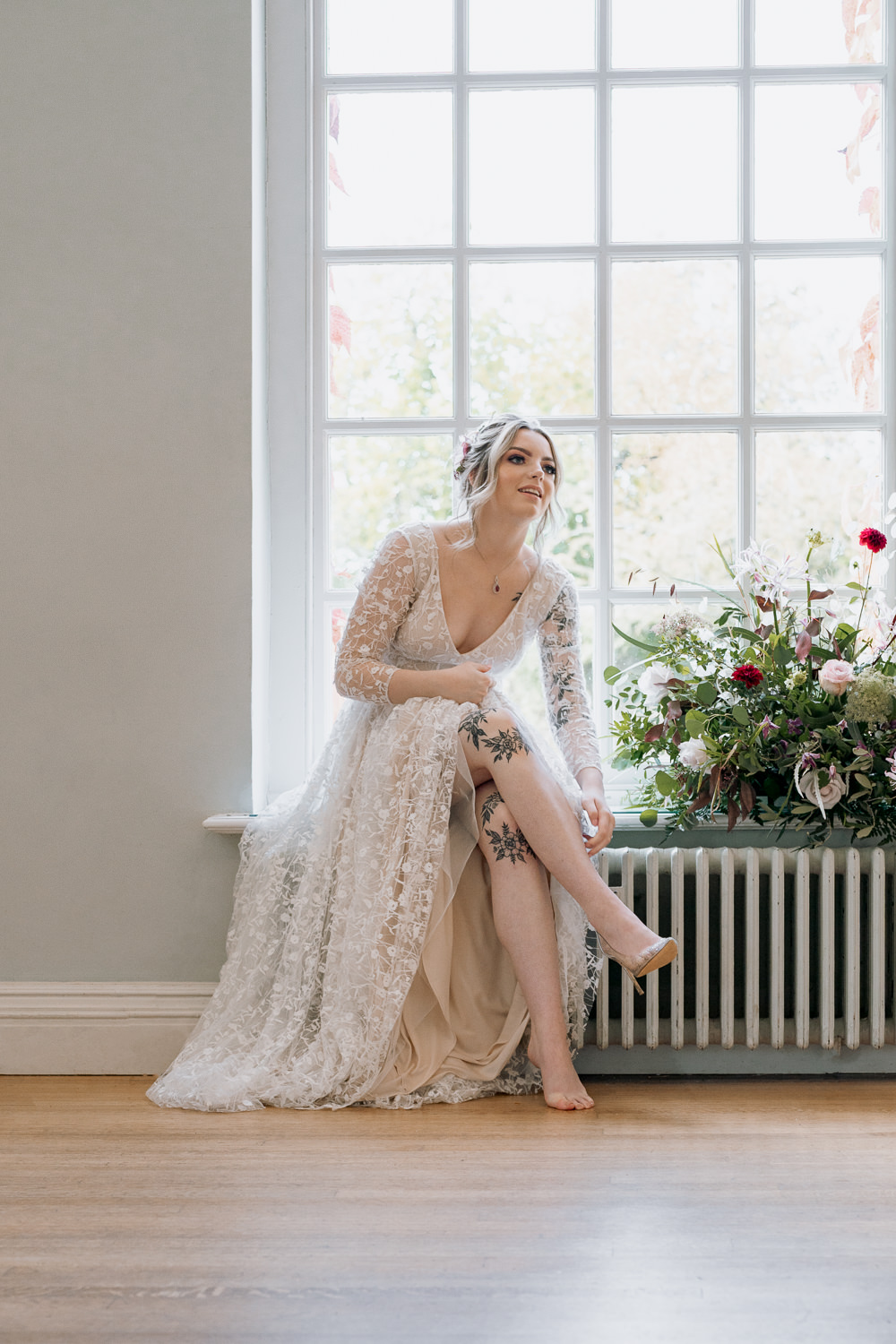Dress Gown Bride Bridal Lace Long Sleeve Purple Winter Wedding Steph Kiely Photography