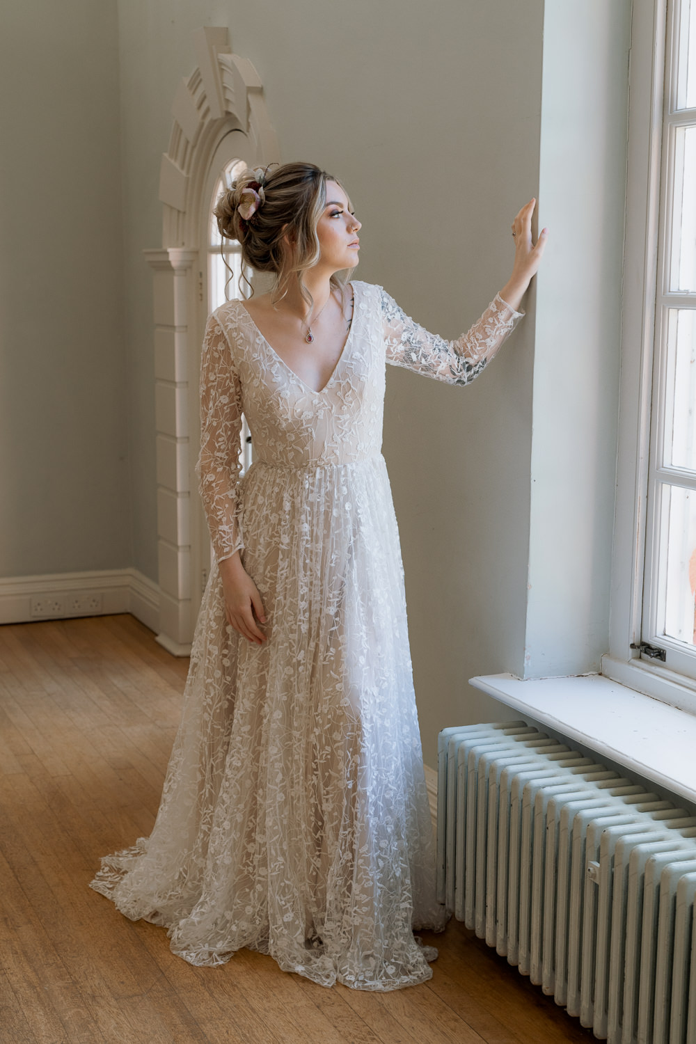 Dress Gown Bride Bridal Lace Long Sleeve Purple Winter Wedding Steph Kiely Photography