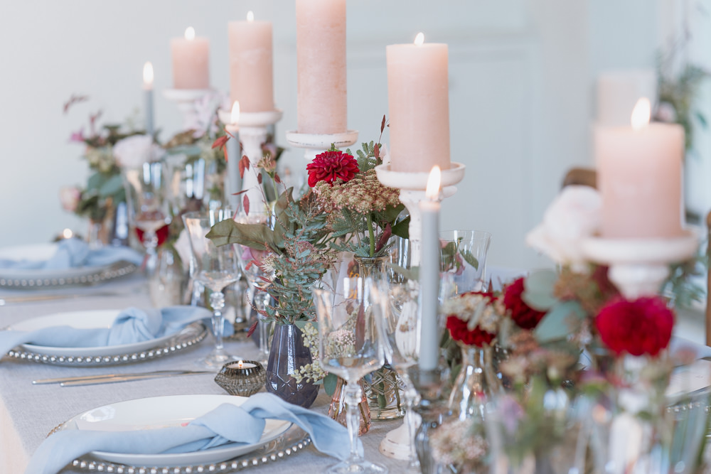 Table Tablescape Decor Runner Flowers Candles Purple Winter Wedding Steph Kiely Photography