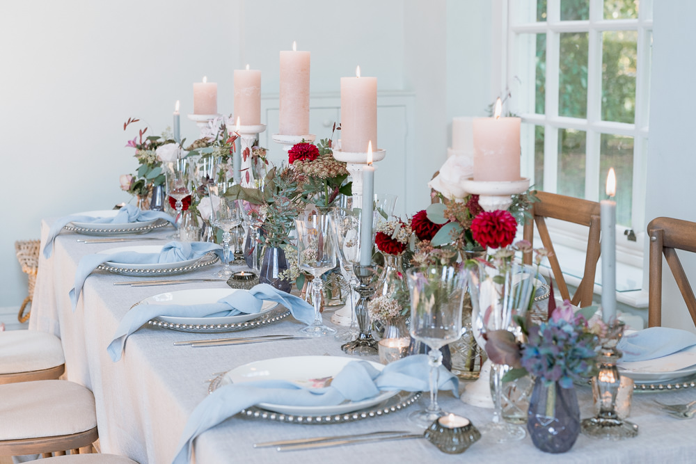Table Tablescape Decor Runner Flowers Candles Purple Winter Wedding Steph Kiely Photography