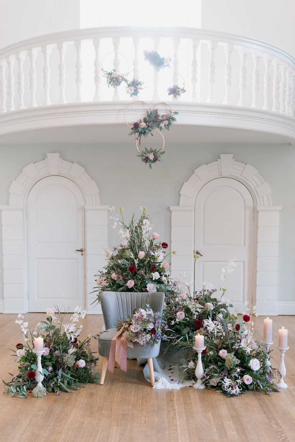 Flowers Flower Installation Chair Candles Purple Winter Wedding Steph Kiely Photography