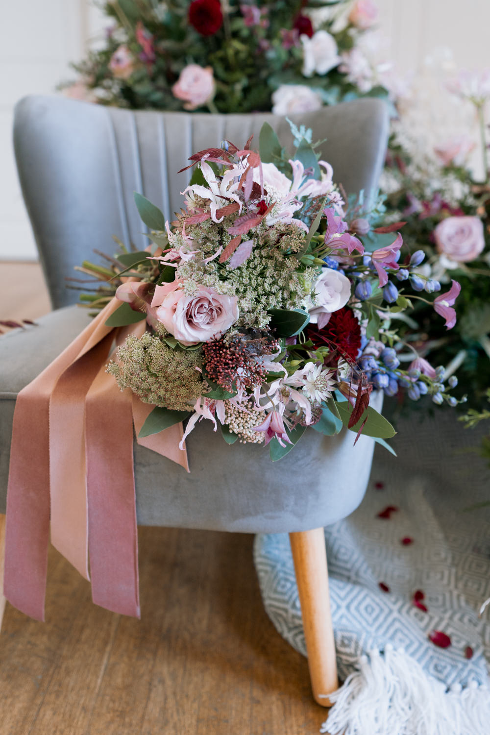 Bouquet Flowers Bride Bridal Pink Rose Ribbon Purple Winter Wedding Steph Kiely Photography