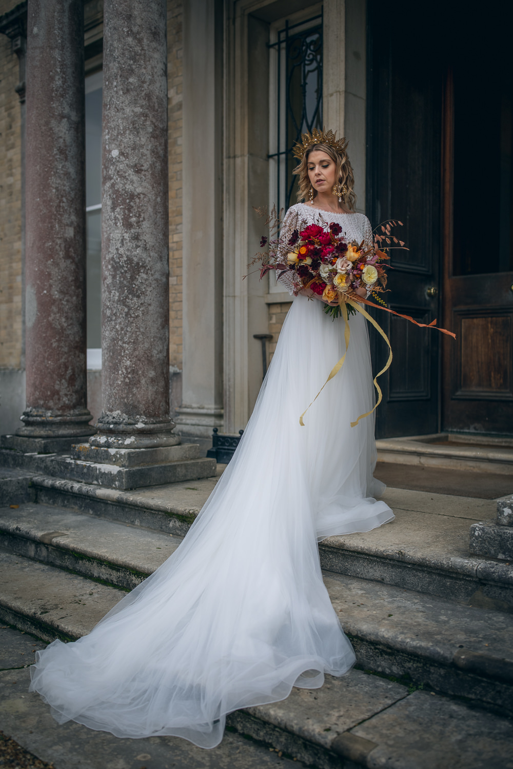 Dress Gown Bride Bridal Long Sleeve Veil Somerley House Wedding Andrea Verenini