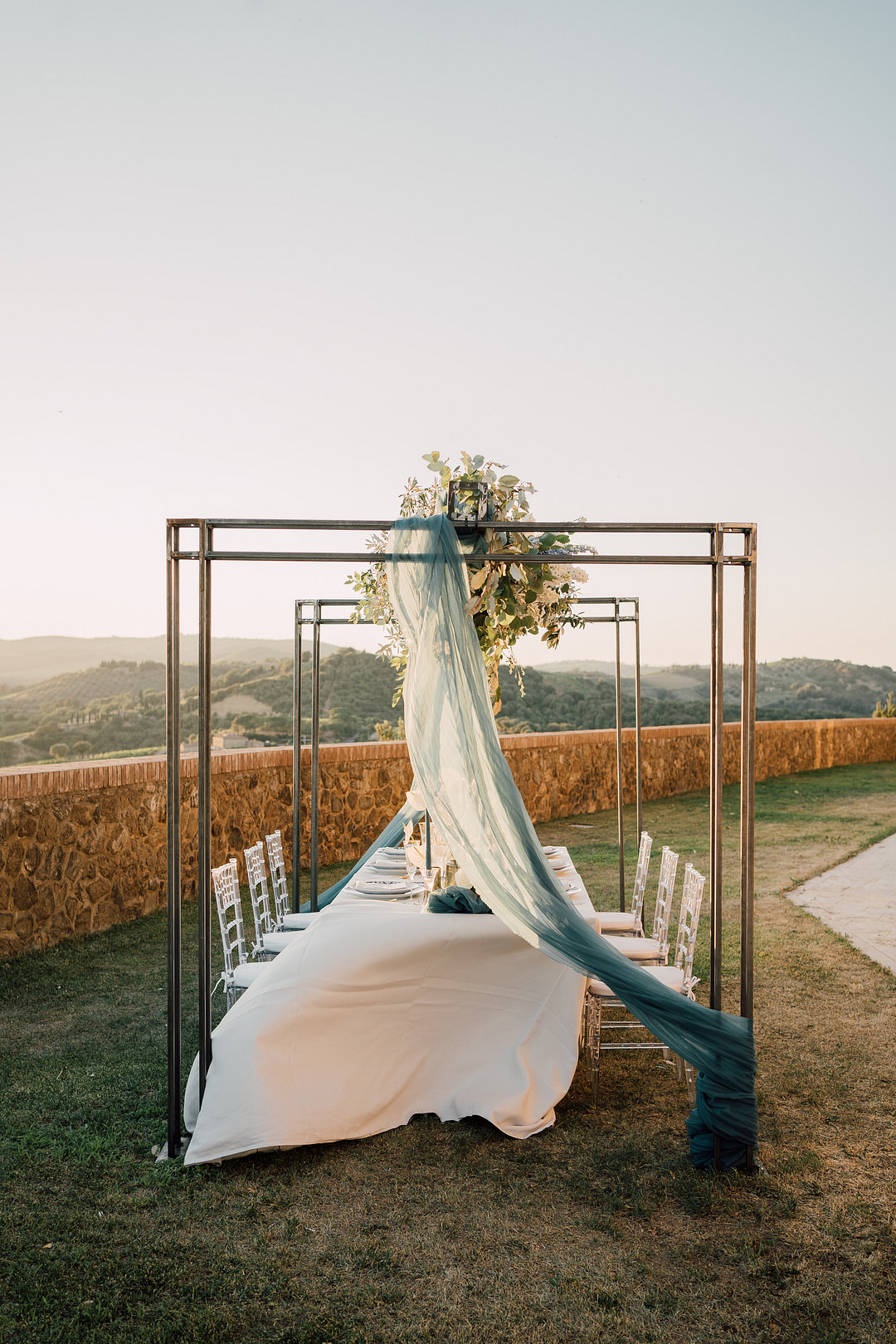 Flower Installation Arrangement Tall Blue White Table Tablescape Tuscany Elopement Serena Genovese