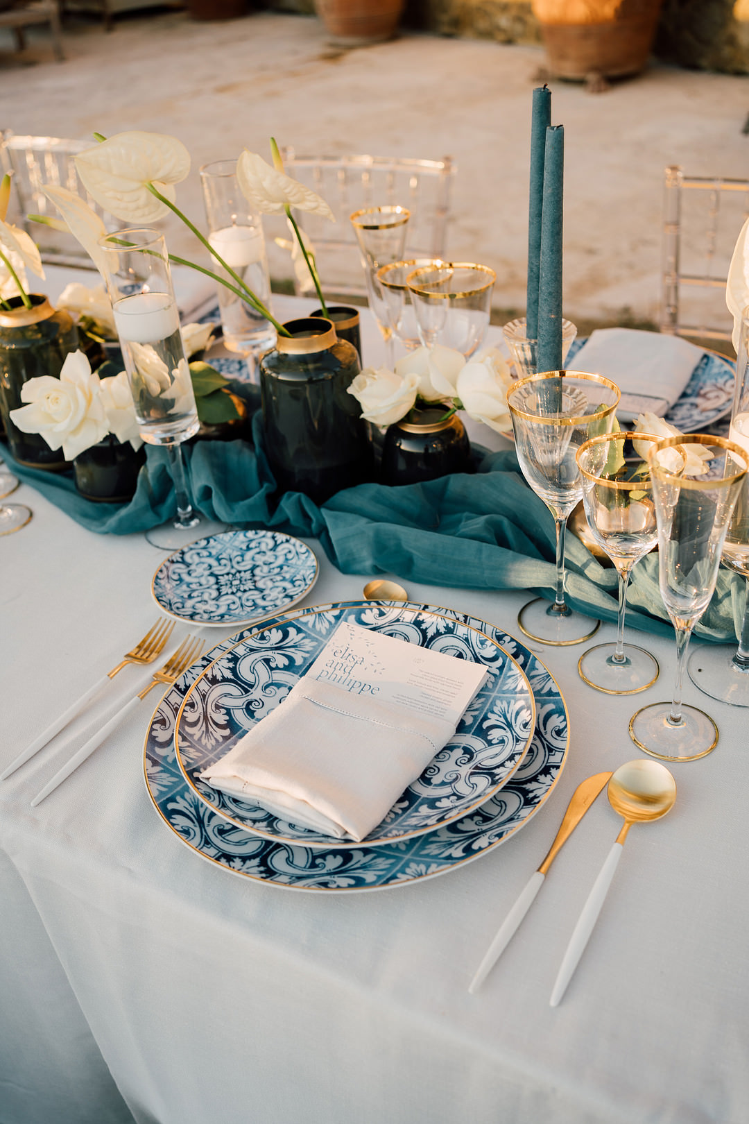 Table Decor Blue White Tablescape Flowers Candles Modern Tuscany Elopement Serena Genovese