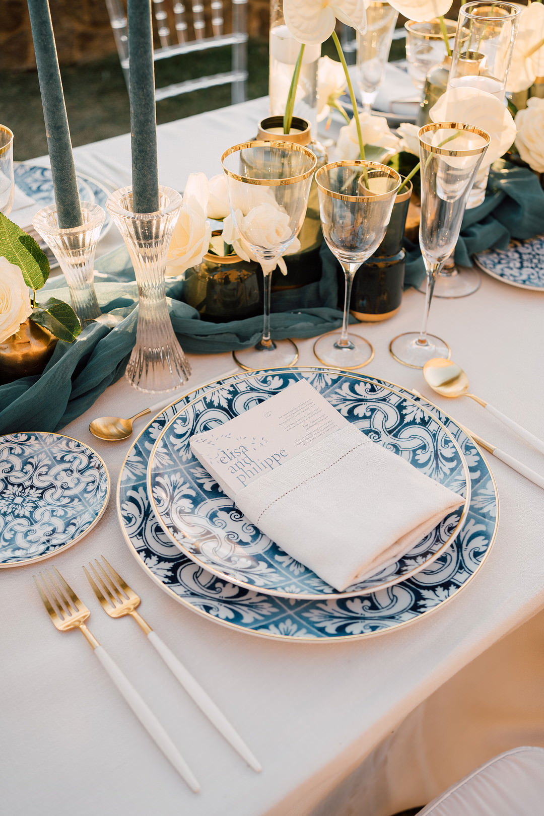 Table Decor Blue White Tablescape Flowers Candles Modern Tuscany Elopement Serena Genovese