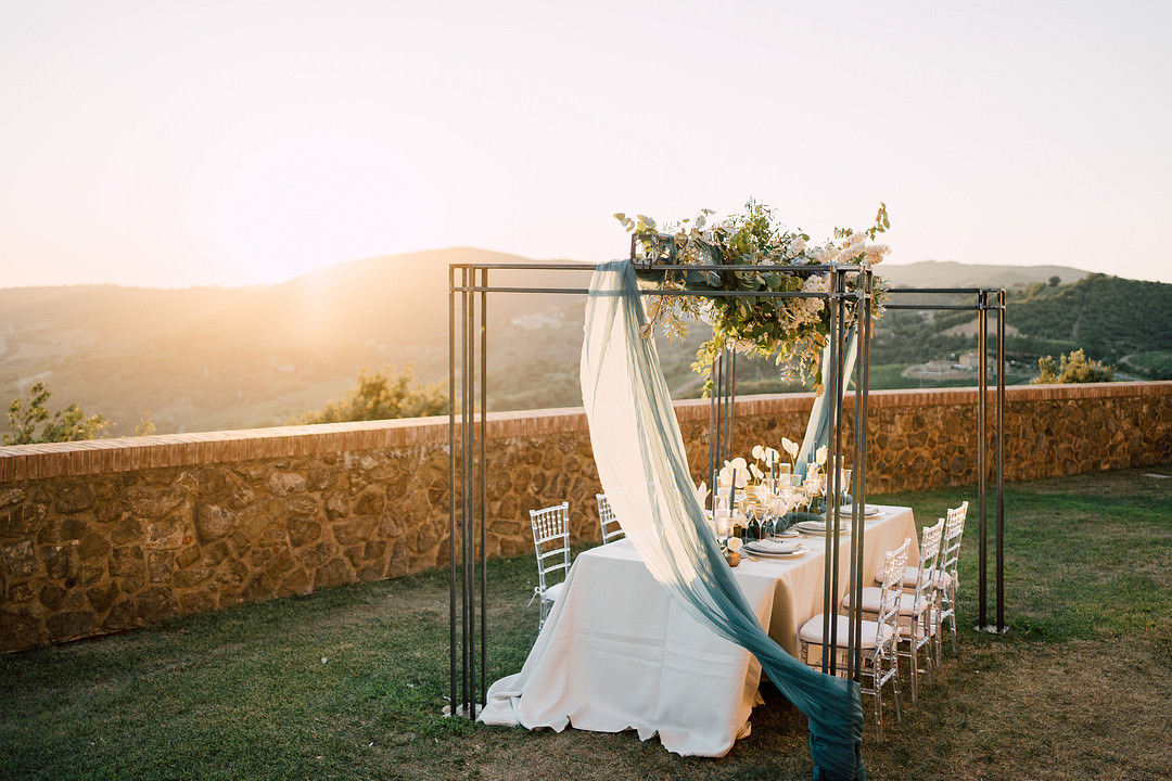 Flower Installation Arrangement Tall Blue White Table Tablescape Tuscany Elopement Serena Genovese