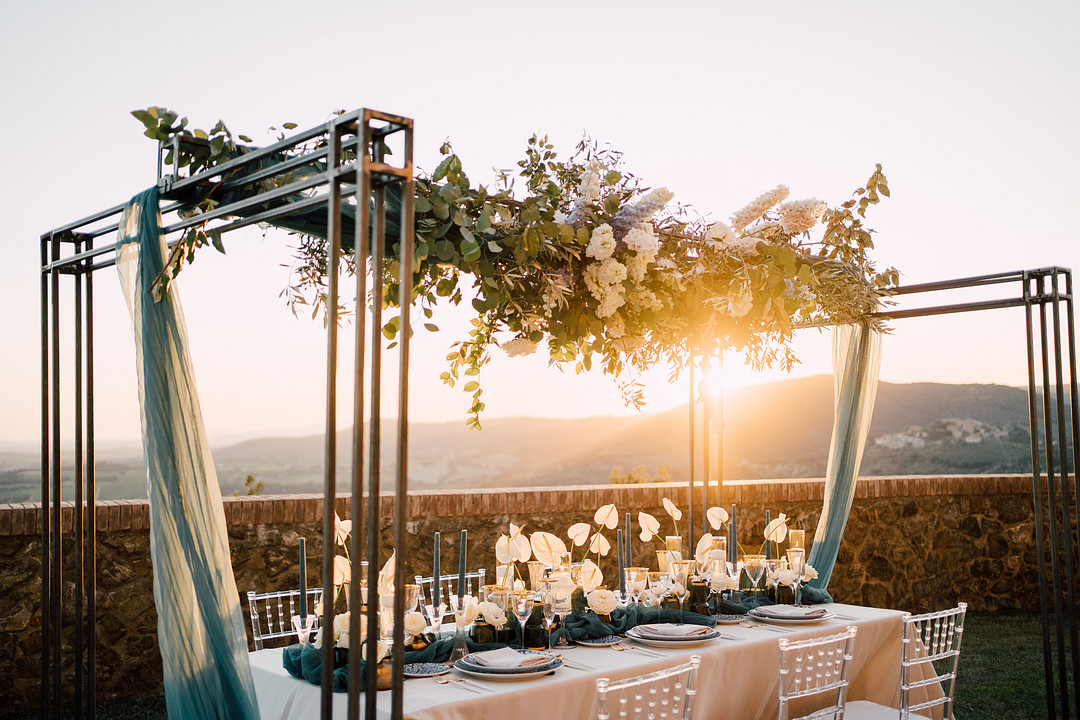 Flower Installation Arrangement Tall Blue White Table Tablescape Tuscany Elopement Serena Genovese