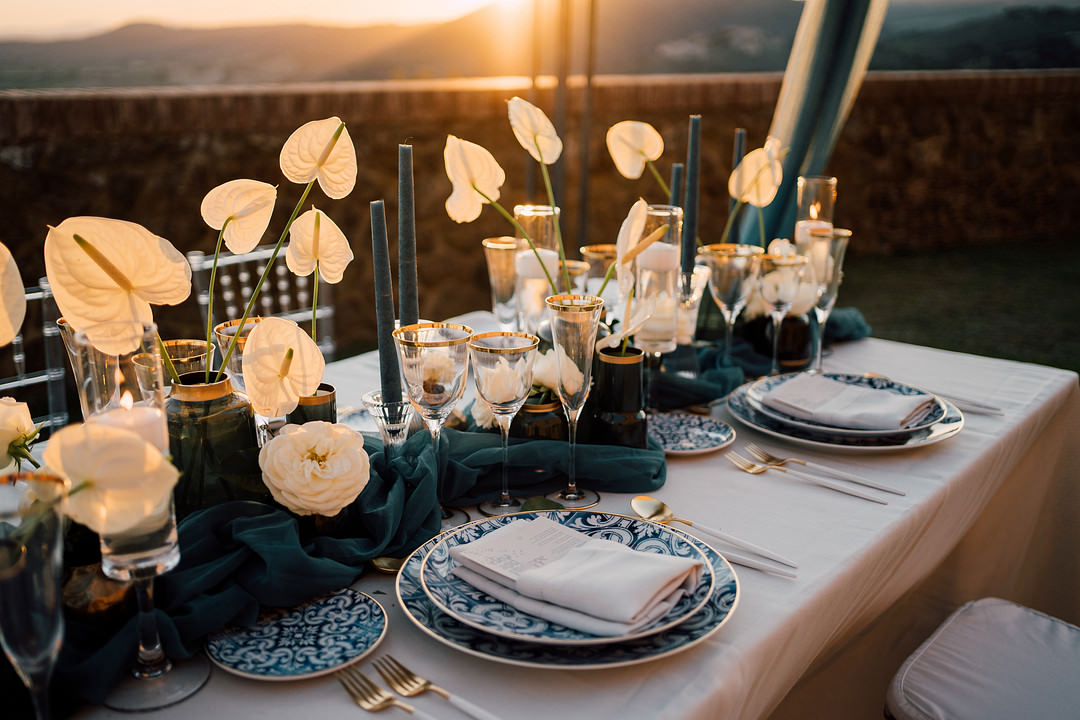 Table Decor Blue White Tablescape Flowers Candles Modern Tuscany Elopement Serena Genovese