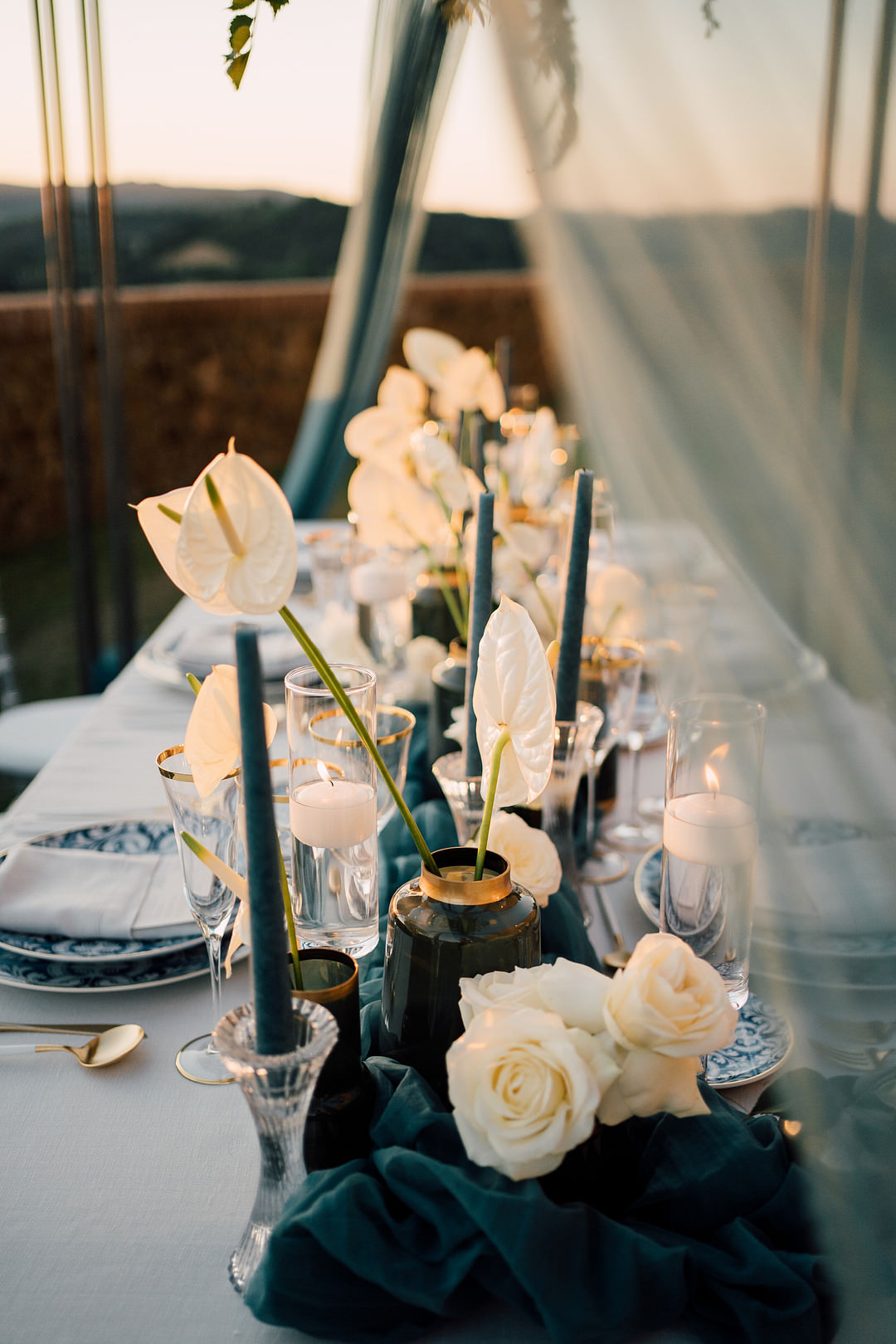 Table Decor Blue White Tablescape Flowers Candles Modern Tuscany Elopement Serena Genovese