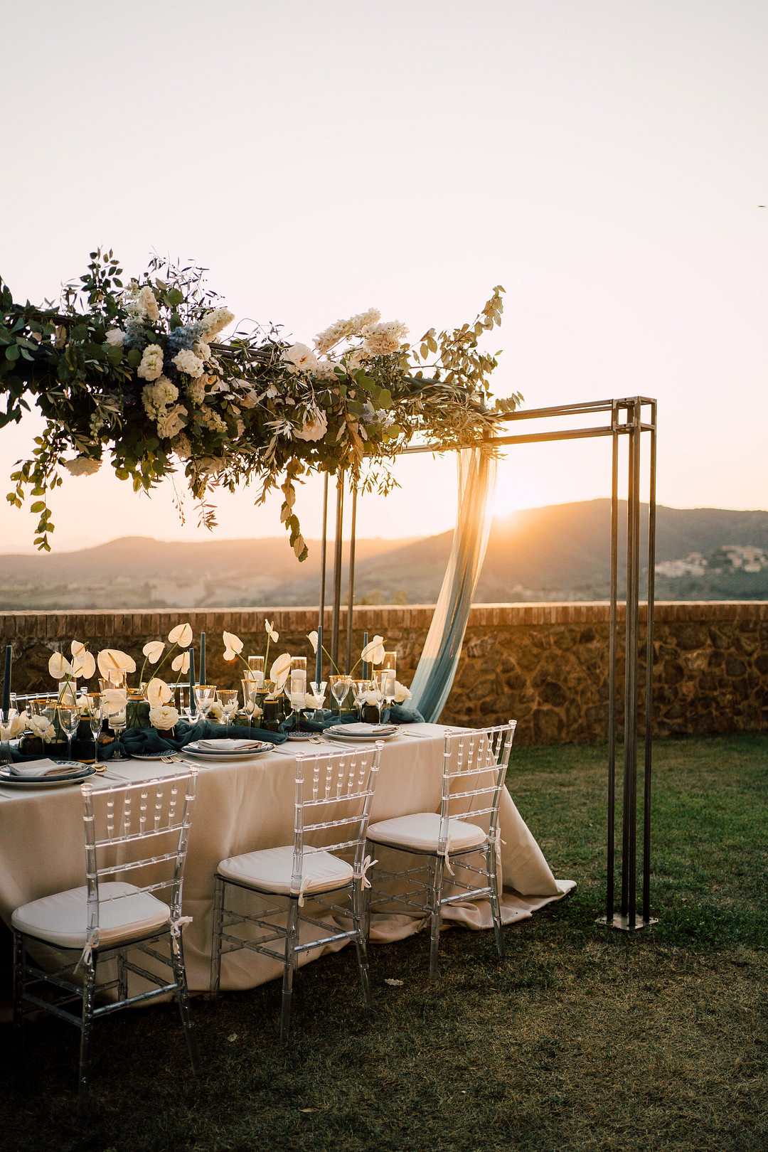 Flower Installation Arrangement Tall Blue White Table Tablescape Tuscany Elopement Serena Genovese