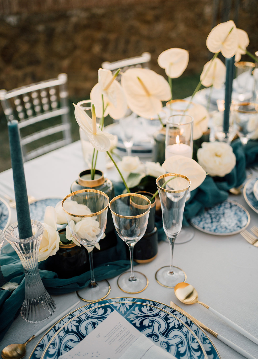 Table Decor Blue White Tablescape Flowers Candles Modern Tuscany Elopement Serena Genovese