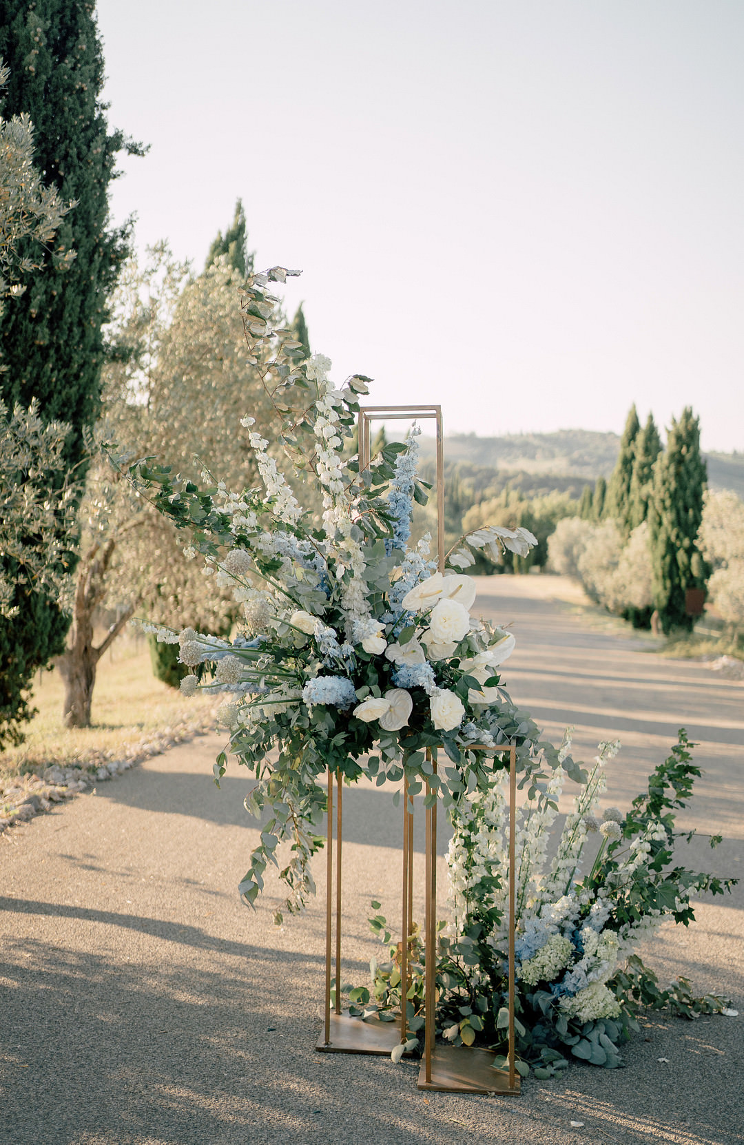 Flower Installation Arrangement Tall Blue White Tuscany Elopement Serena Genovese