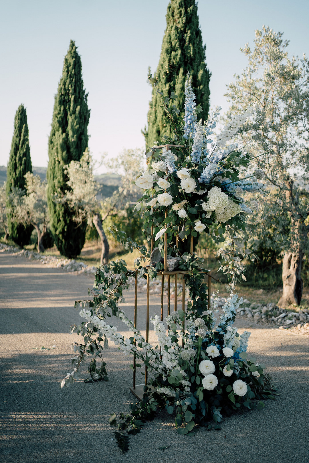 Flower Installation Arrangement Tall Blue White Tuscany Elopement Serena Genovese