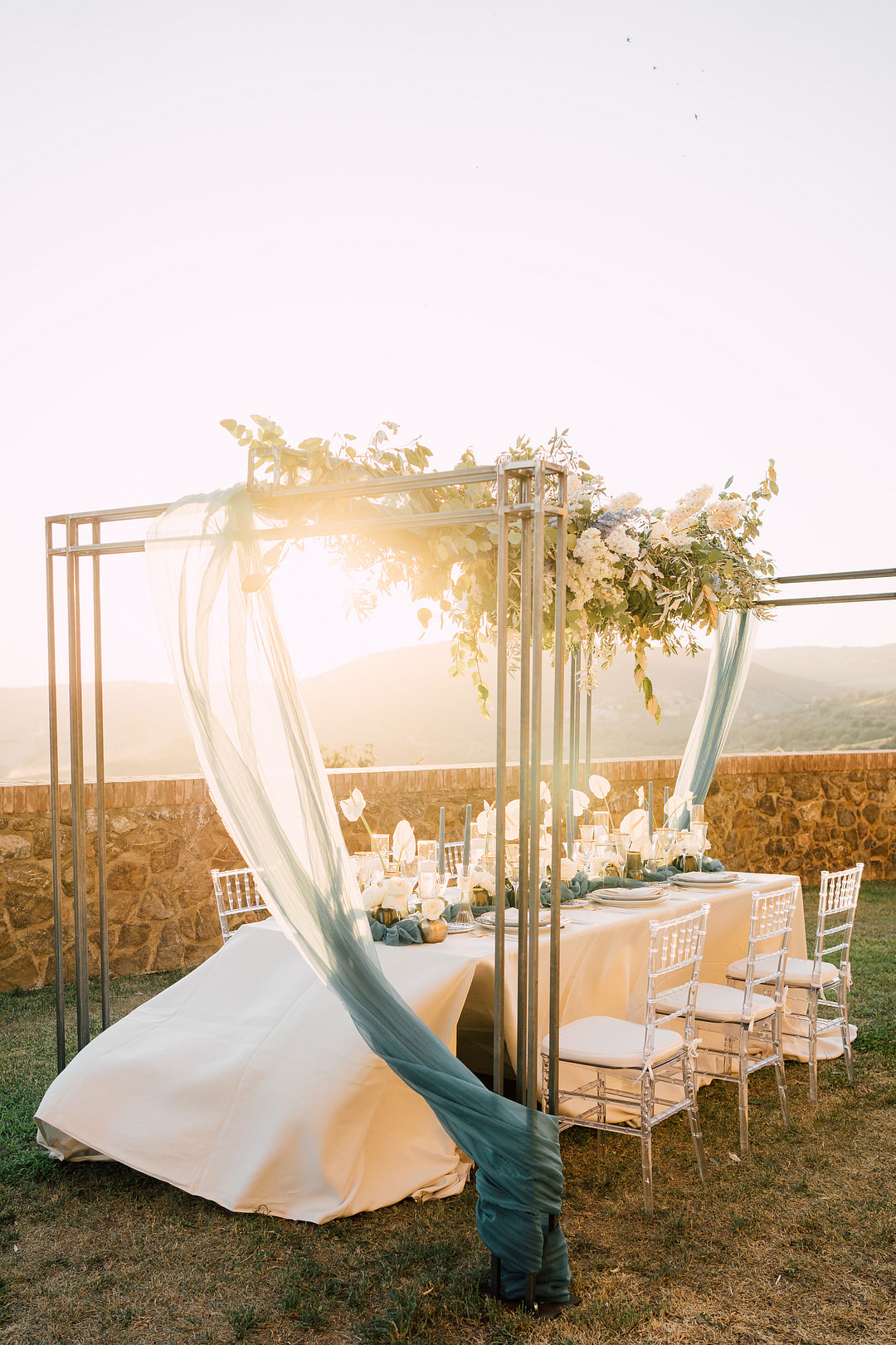 Flower Installation Arrangement Tall Blue White Table Tablescape Tuscany Elopement Serena Genovese