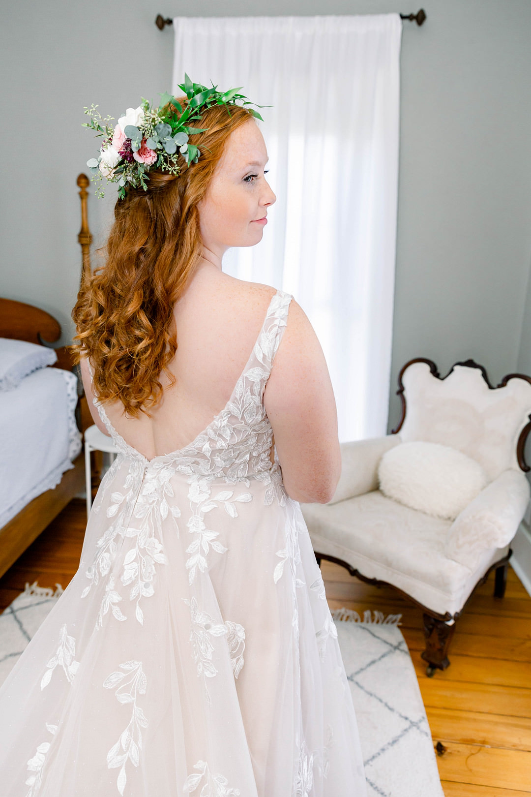 Dress Gown Bride Bridal Lace Train Low Back Wisconsin Micro Wedding Nicole Miro Photography