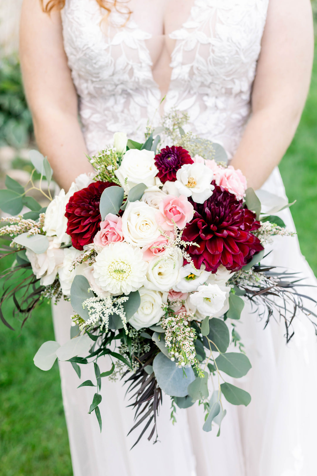 Bouquet Flowers Bride Bridal Red Blush Wisconsin Micro Wedding Nicole Miro Photography