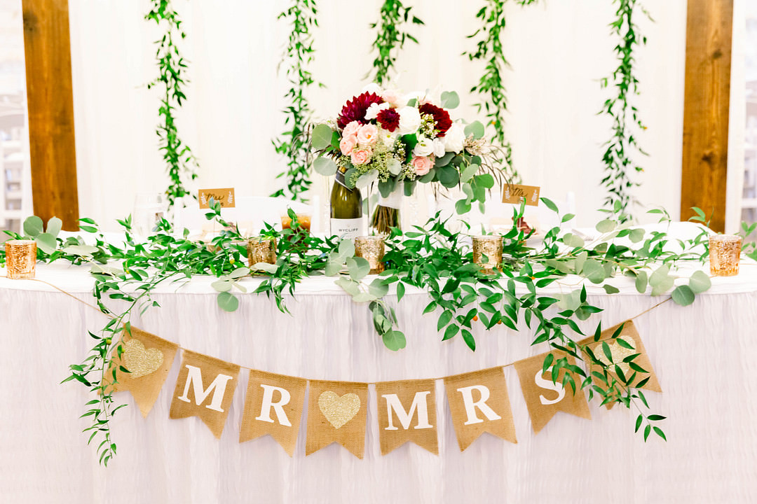 Sweetheart Table Decor Bunting Greenery Wisconsin Micro Wedding Nicole Miro Photography