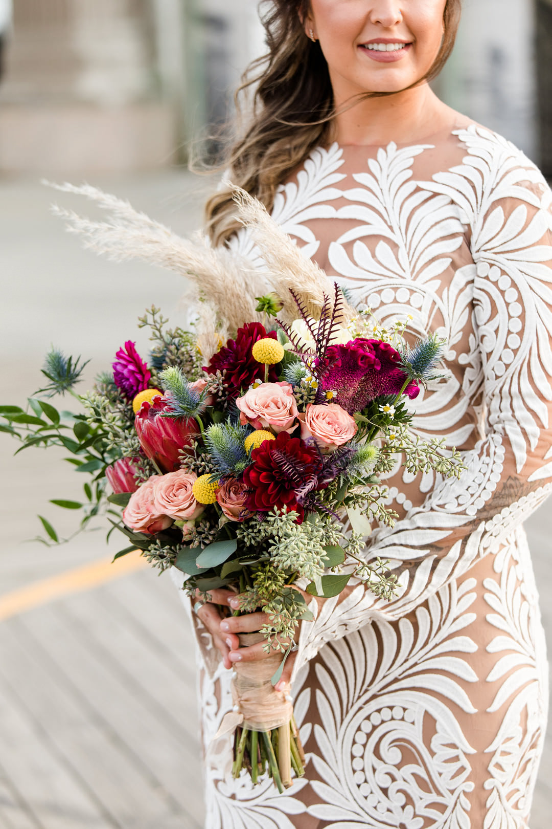 Bride Bridal Bouquet Flowers Pampas Grass Rose Protea Witchy Wedding Limelight Entertainment