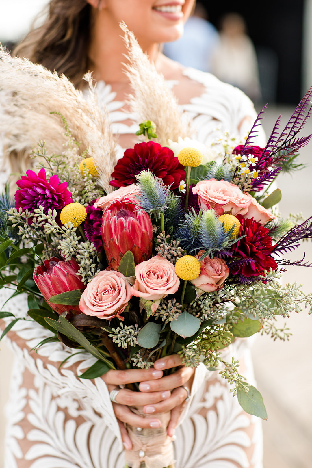 Bride Bridal Bouquet Flowers Pampas Grass Rose Protea Witchy Wedding Limelight Entertainment