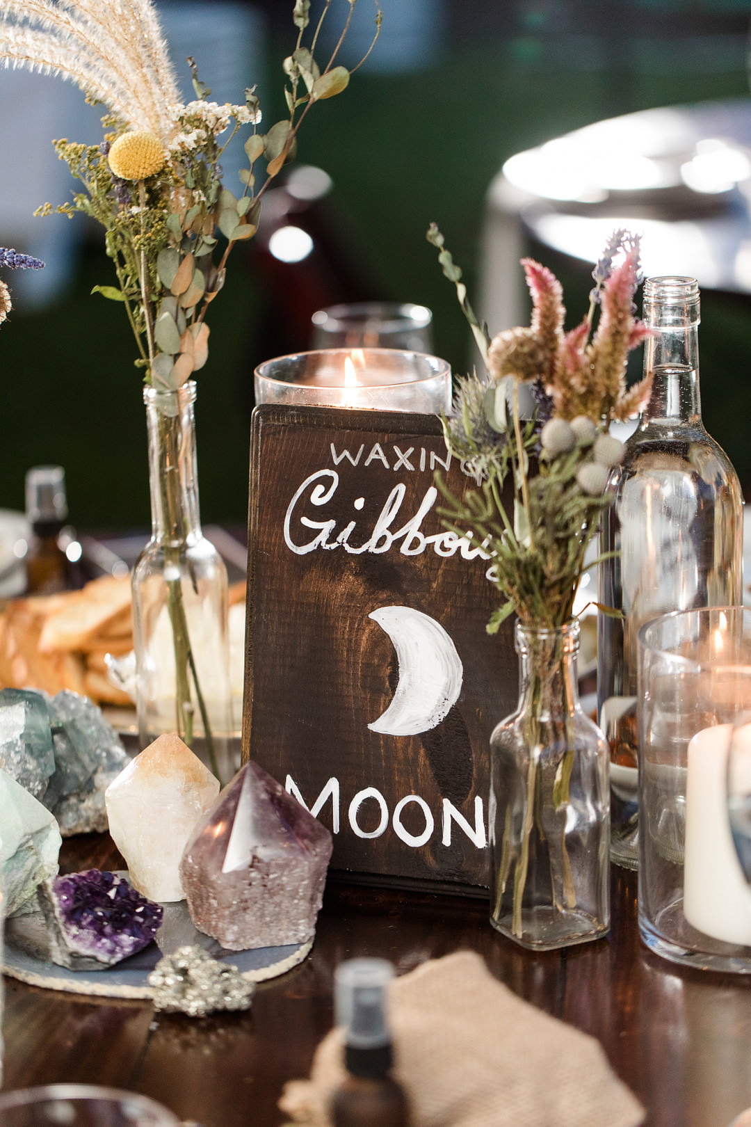 Candles Flowers Decor Table Centrepiece Moon Table Name Crystals Witchy Wedding Limelight Entertainment
