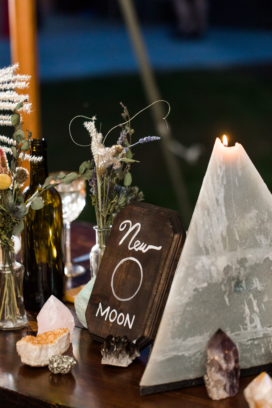 Candles Flowers Decor Table Centrepiece Moon Table Name Crystals Witchy Wedding Limelight Entertainment