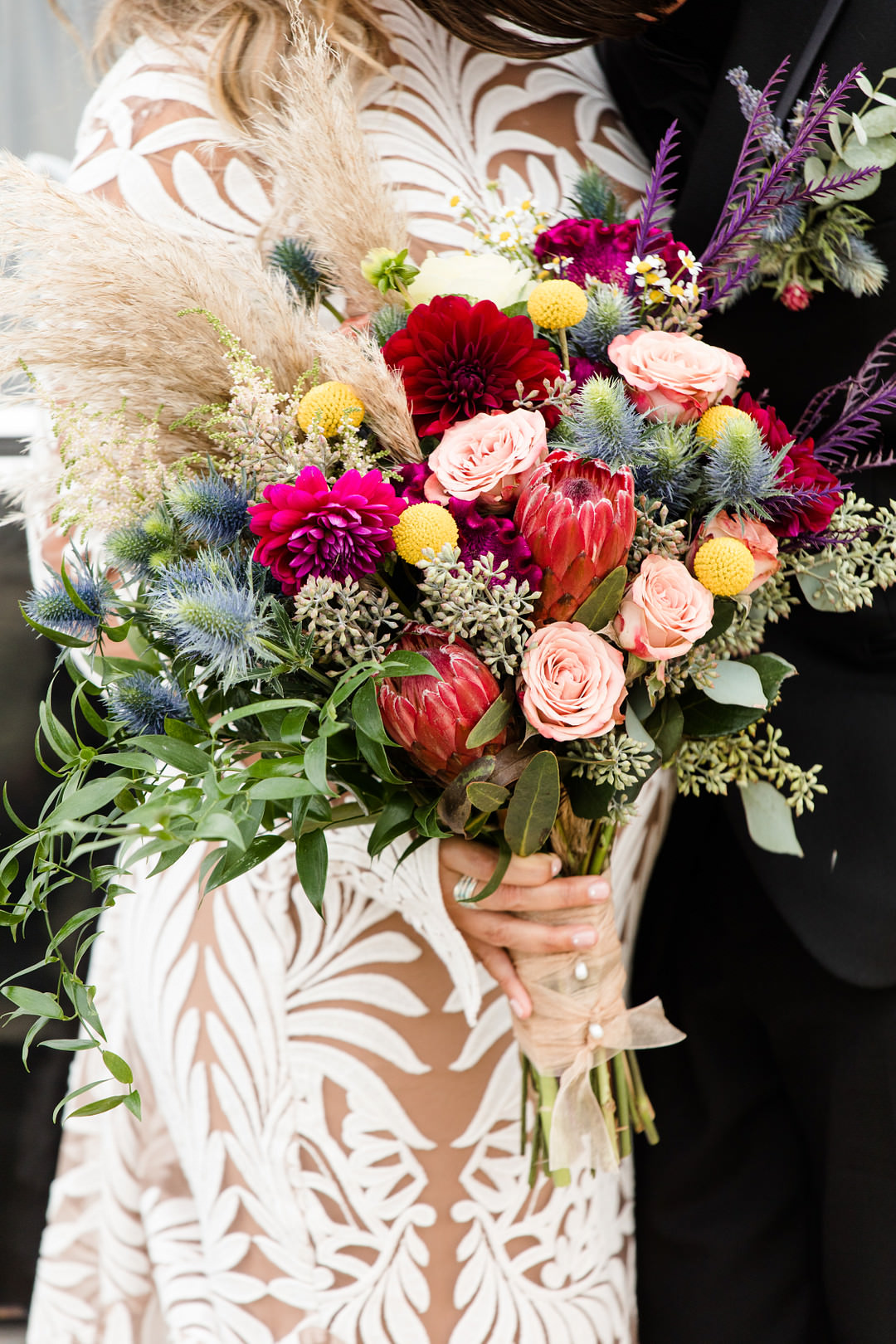 Bride Bridal Bouquet Flowers Pampas Grass Rose Protea Witchy Wedding Limelight Entertainment
