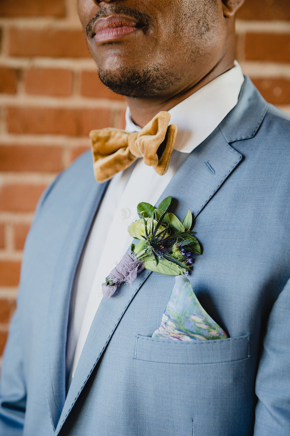 Groom Blue Suit Yellow Velvet Bow Tie Buttonhole Art Wedding Ideas Maribel Farina Photography