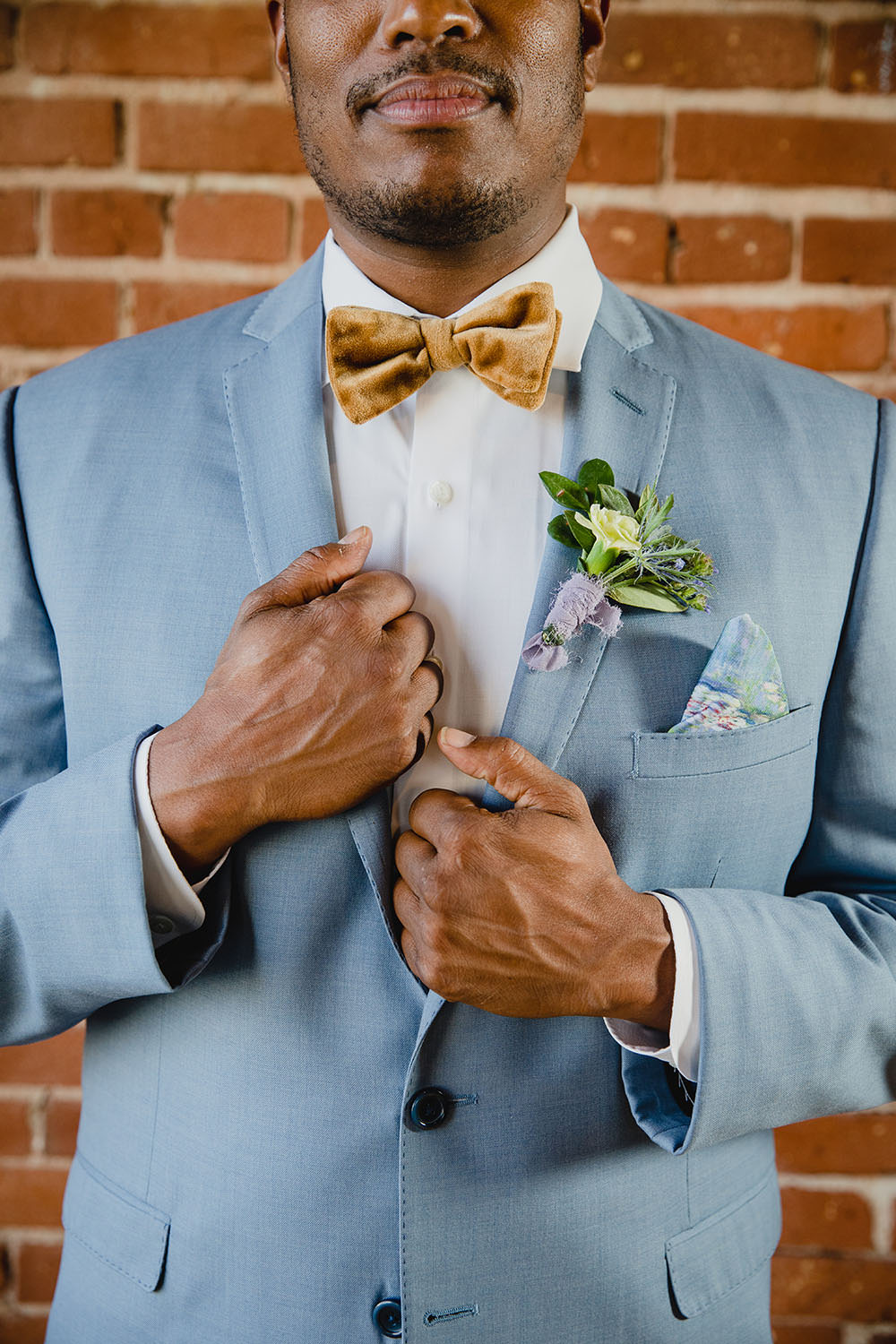 Groom Blue Suit Yellow Velvet Bow Tie Buttonhole Art Wedding Ideas Maribel Farina Photography