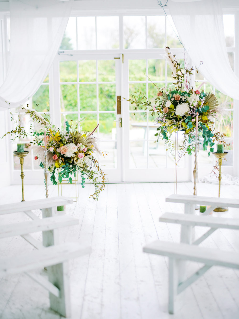 Flower Installation Aisle Ceremony Tall Candles Blue Wedding Dress Into The Light