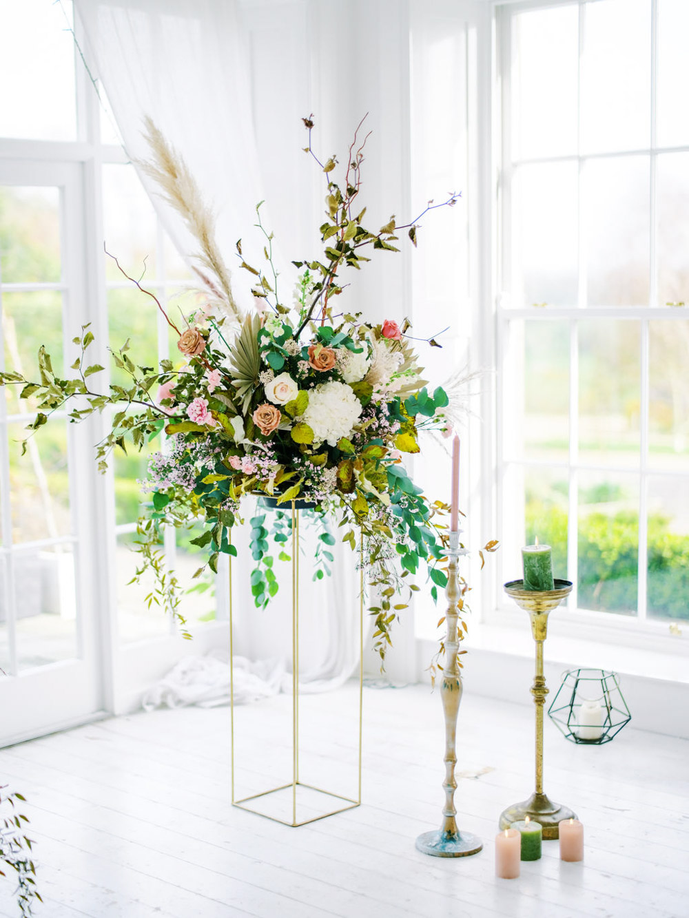 Flower Installation Aisle Ceremony Tall Candles Blue Wedding Dress Into The Light